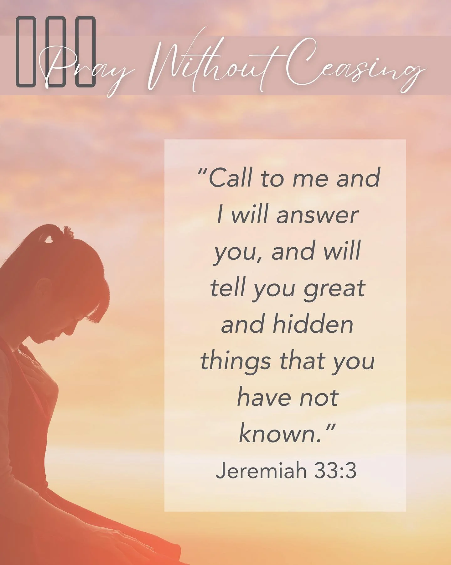 ✨ Pray Without Ceasing ✨
“Call to me and I will answer you, and will tell you great and hidden things that you have not known.” – Jeremiah 33:3
Sisters, let’s lean into the power of prayer together 🙏💛
📢 Reminder: Our Pray