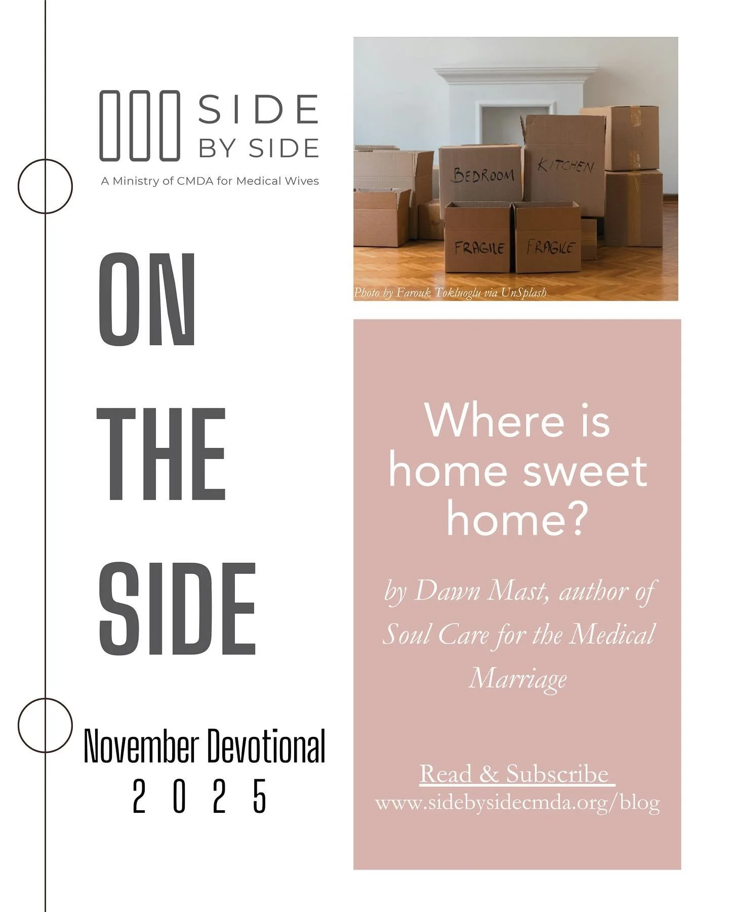 📢 The November Edition of On the Side is here! 🎉 

Check your inbox for an inspiring devotion titled &ldquo;Where is home sweet home?&rdquo;, by Dawn Mast, author of Soul Care for the Medical Marriage.

✨ Not subscribed yet? Send us a message, and 