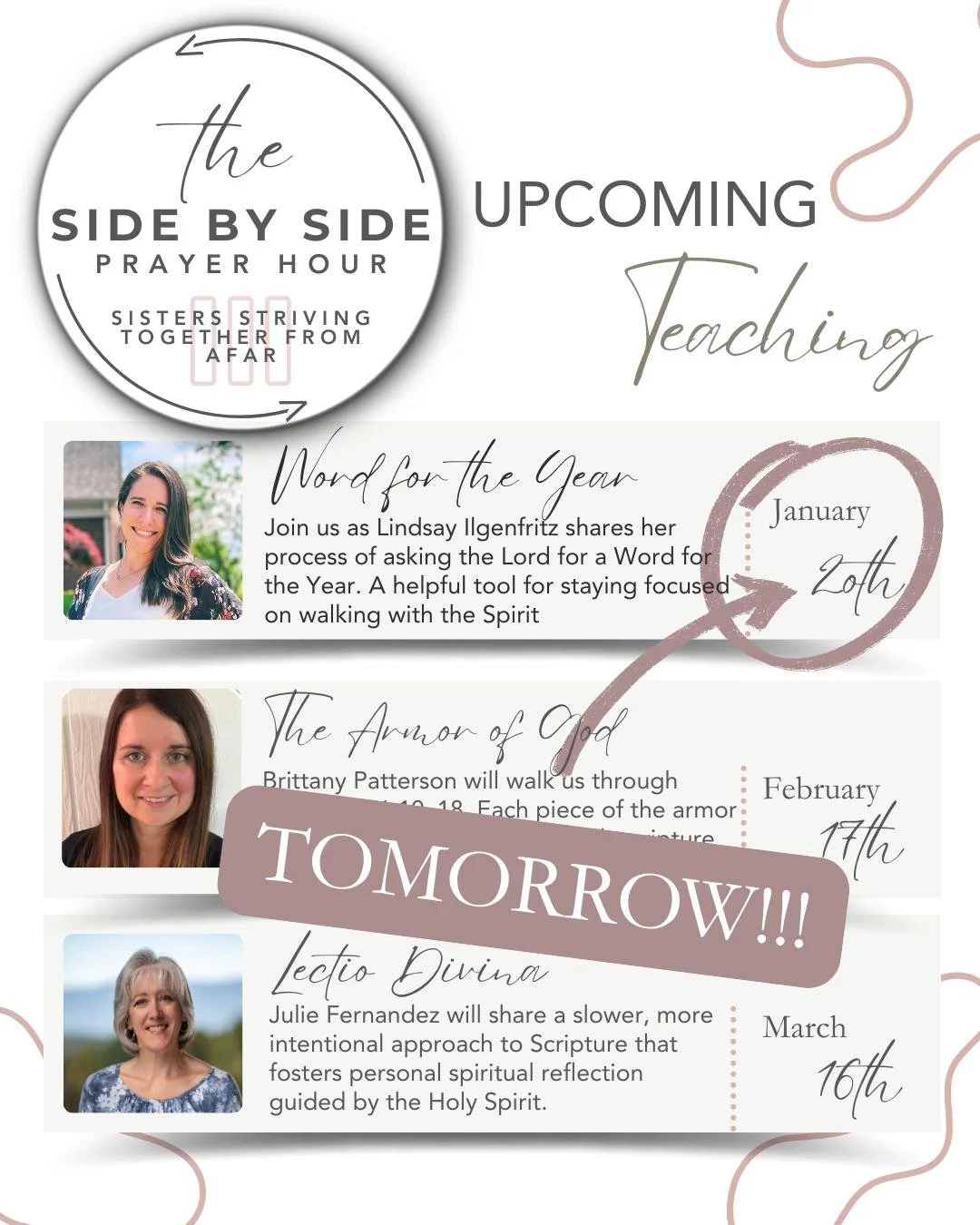Due to it being Martin Luther King Jr day, we have moved the Prayer Hour to tomorrow, January 20th. We'll meet at the same time, 1pm EST. Lindsay Ilgenfritz will be sharing her process for praying through and receiving a Word for the Year as a ground