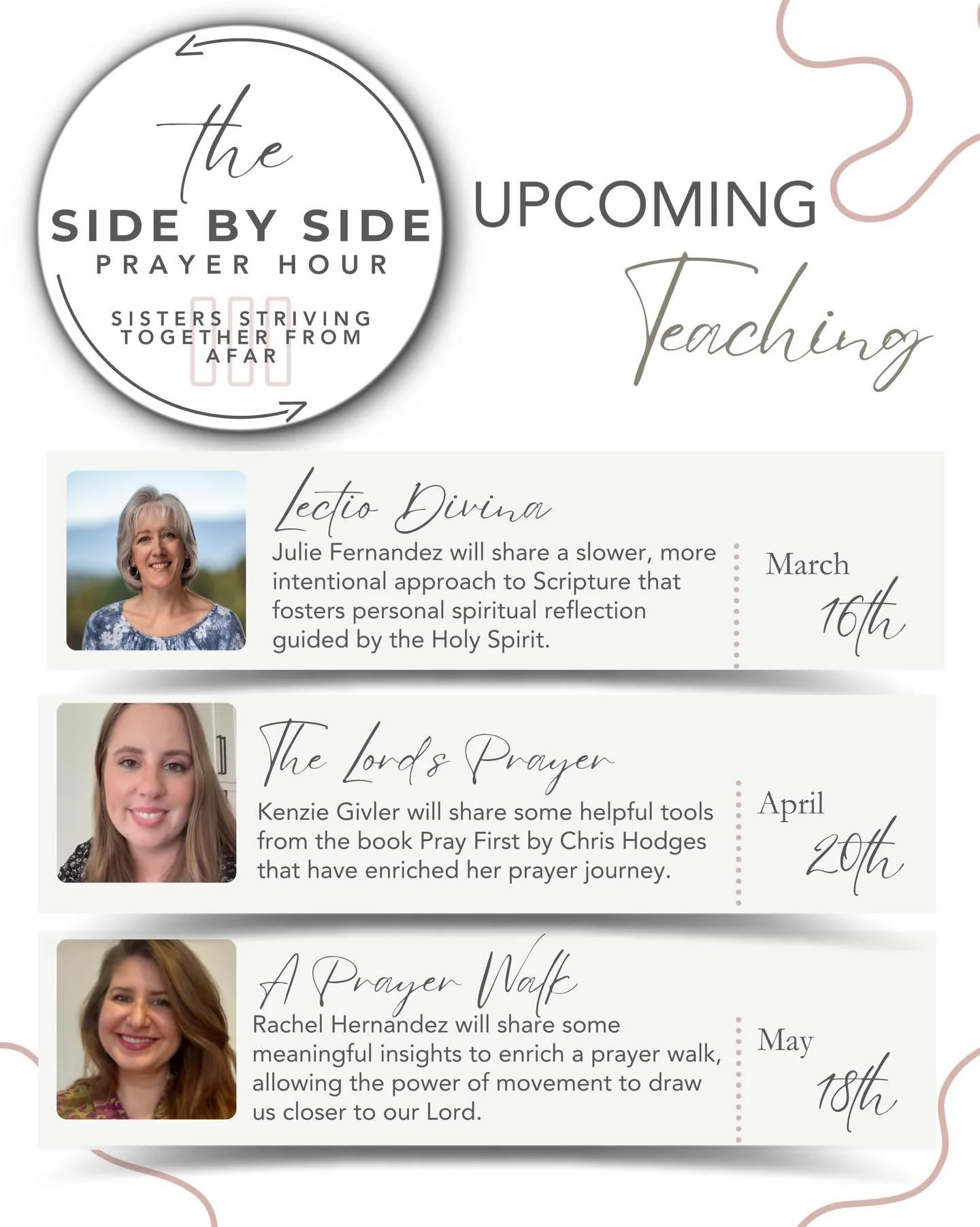 Side By Side Prayer Hour!

Women married to healers, you are warmly invited to join us every third Monday of the month at 1 PM Eastern for the Side By Side Prayer Hour &mdash; a time to pause, pray, and grow together in community. 💛

This month: Jul