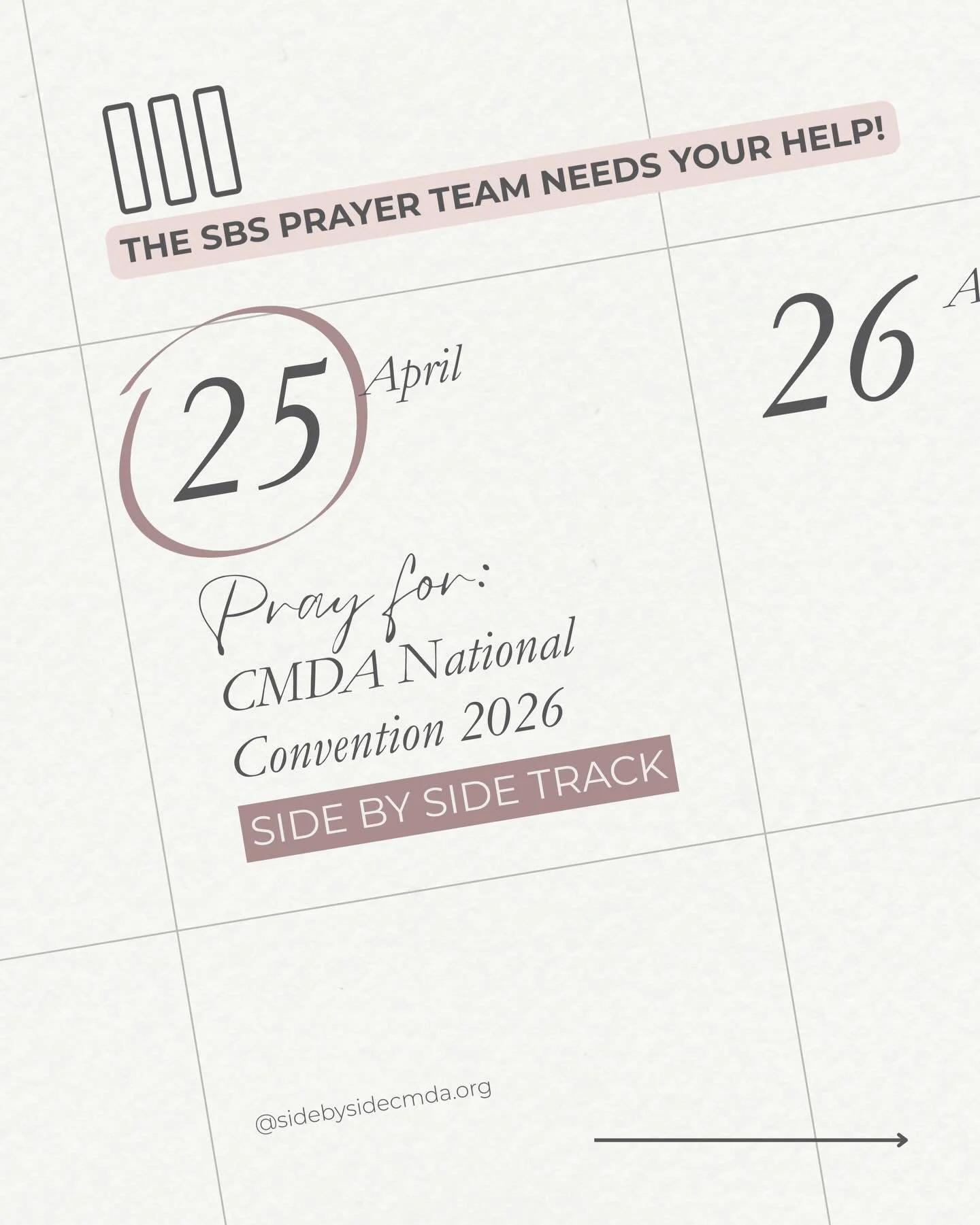 Join the Side By Side Prayer Team as we lift up the incredible women speaking at this year&rsquo;s CMDA National Convention &ndash; Side By Side Track. 🙏✨

Would you join us in covering these sessions in prayer?

🤍 Dawn Mast as she shares about wal