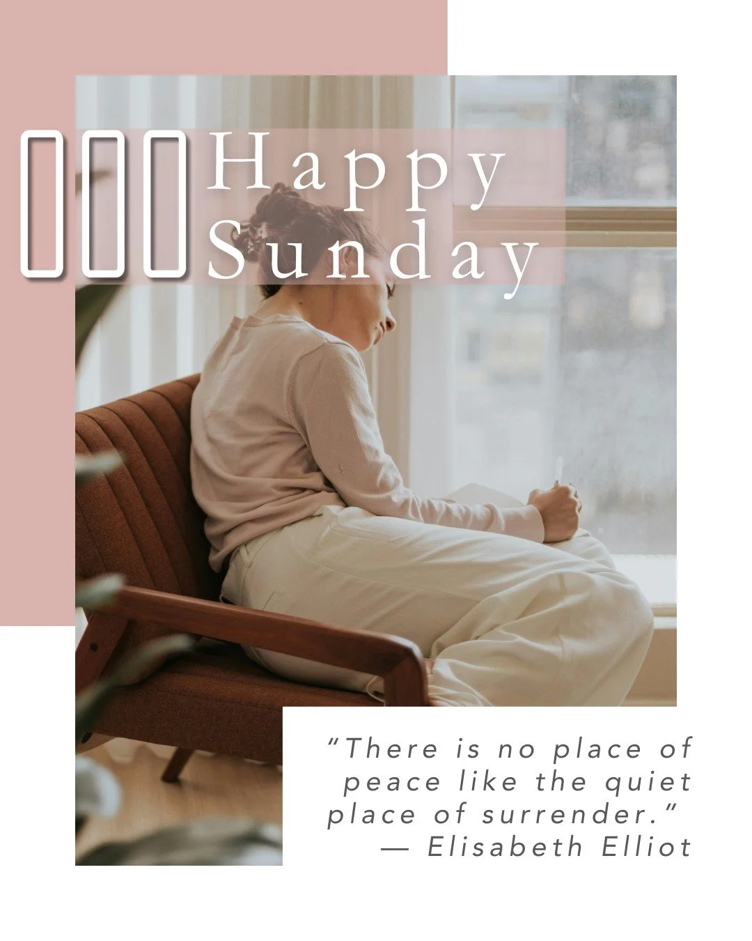 Happy Sunday 🤍

Step out of the noise and into His peace.

&ldquo;There is no place of peace like the quiet place of surrender.&rdquo; &mdash; Elisabeth Elliot

Surrender isn&rsquo;t giving up &mdash; it&rsquo;s trusting God enough to let Him lead.
