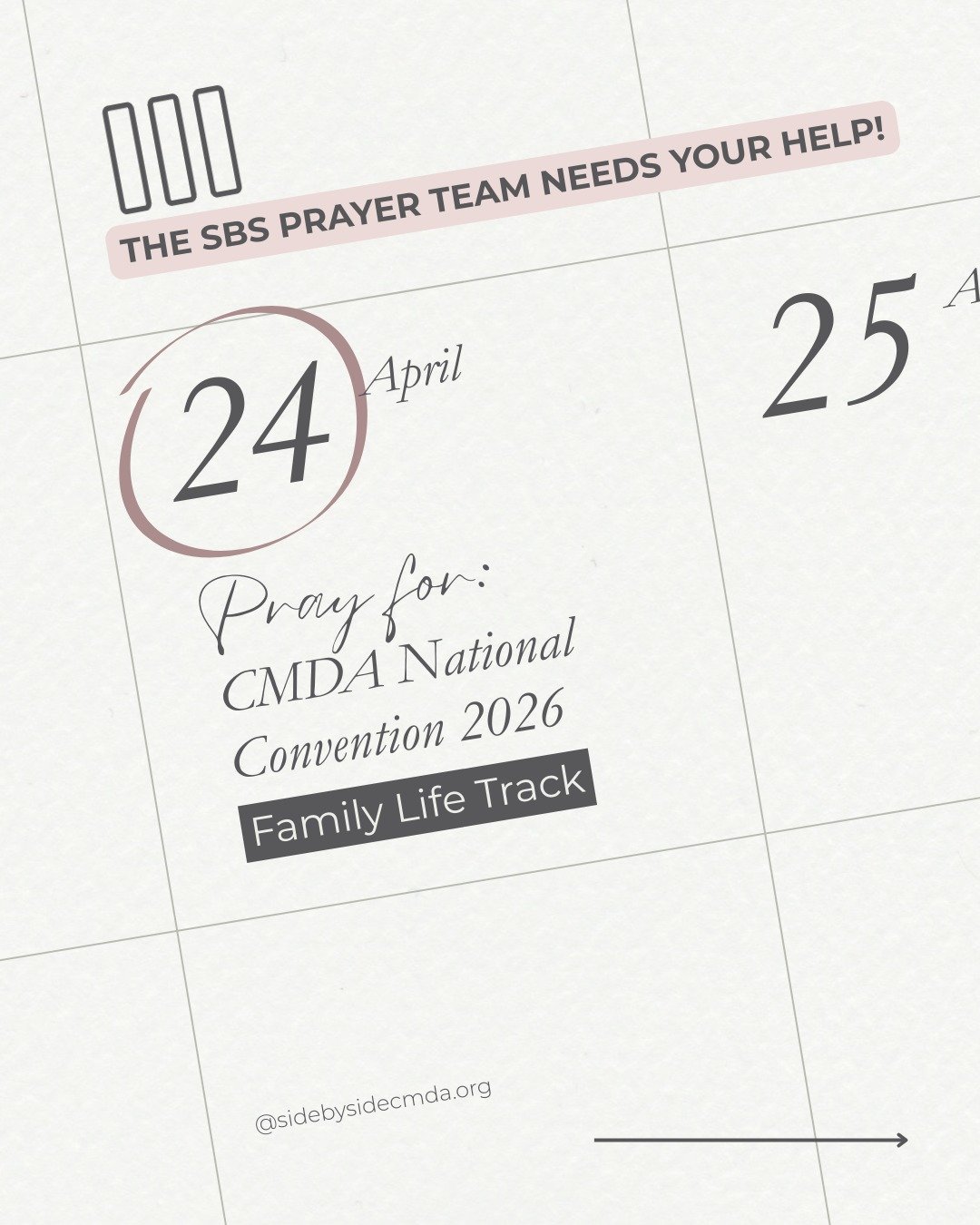 Join the Side By Side Prayer Team as we lift up the incredible women speaking at this year&rsquo;s CMDA National Convention &ndash; Side By Side Track. 🙏✨

Would you join us in covering these sessions in prayer?

🤍 Joshua &amp; Rebecca Lehman: Stre