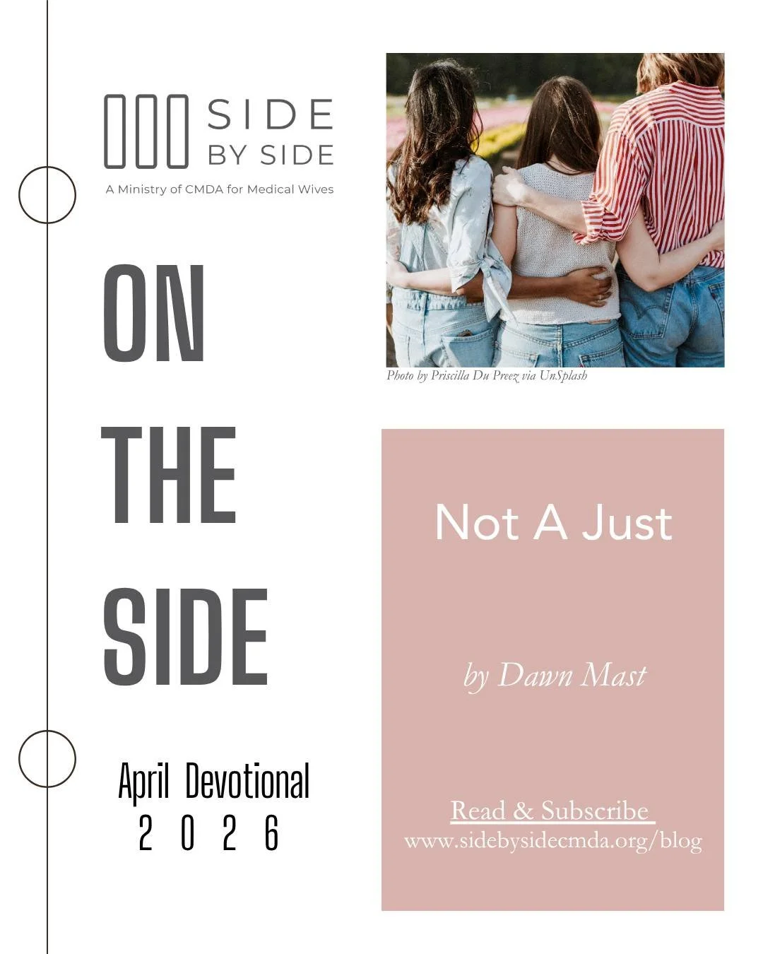 📢 The April Edition of On the Side is here! 🎉 

Check your inbox for an inspiring devotion by Dawn Mast "Not a Just." God calls us to serve faithfully in what may feel like small, unseen roles, but like Tabitha, our wholehearted care&mdas