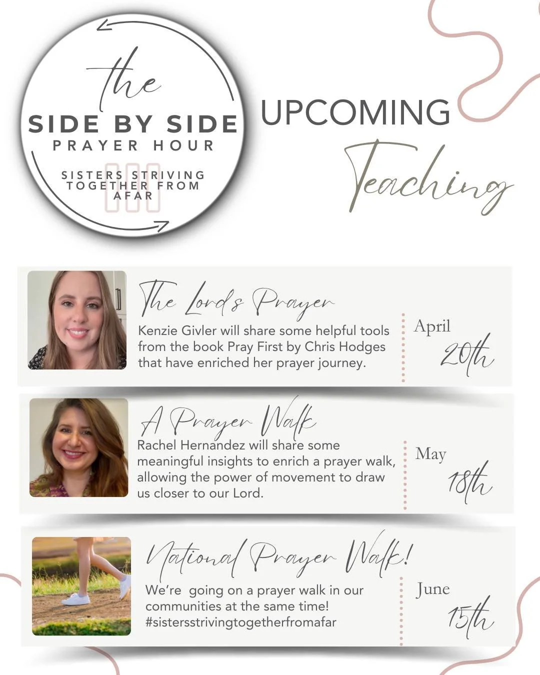 Side By Side Prayer Hour!

Women married to healers, you are warmly invited to join us every third Monday of the month at 1 PM Eastern for the Side By Side Prayer Hour &mdash; a time to pause, pray, and grow together in community. 💛

April: Kenzie G
