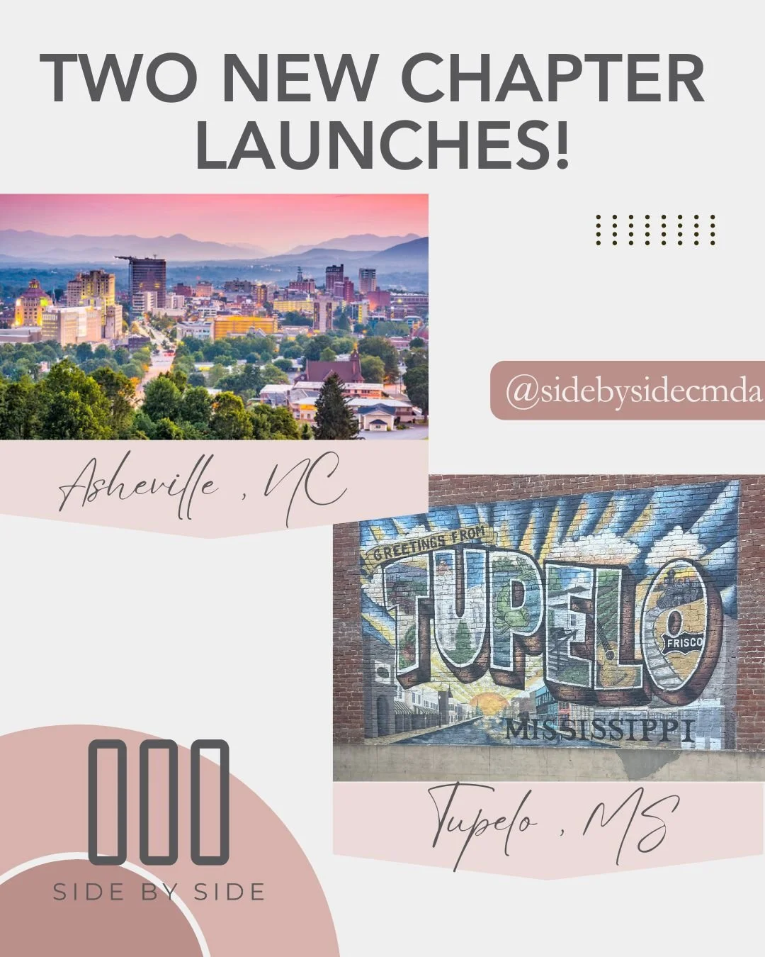 Two New Chapter Alerts!

We are excited to announce the launch of two new Side By Side chapters!

Side By Side &ndash; Asheville, NC is led by Lea Buda. You can reach her at sidebysideasheville@gmail.com, look for them on Facebook as well! Even befor