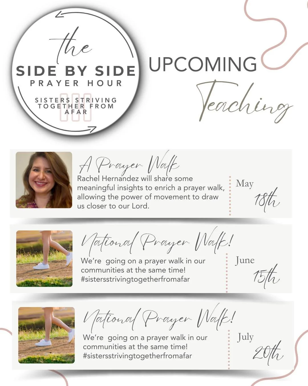 Side By Side Prayer Hour!

Women married to healers, you are warmly invited to join us every third Monday of the month at 1 PM Eastern for the Side By Side Prayer Hour &mdash; a time to pause, pray, and grow together in community. 💛

May: Rachel Her
