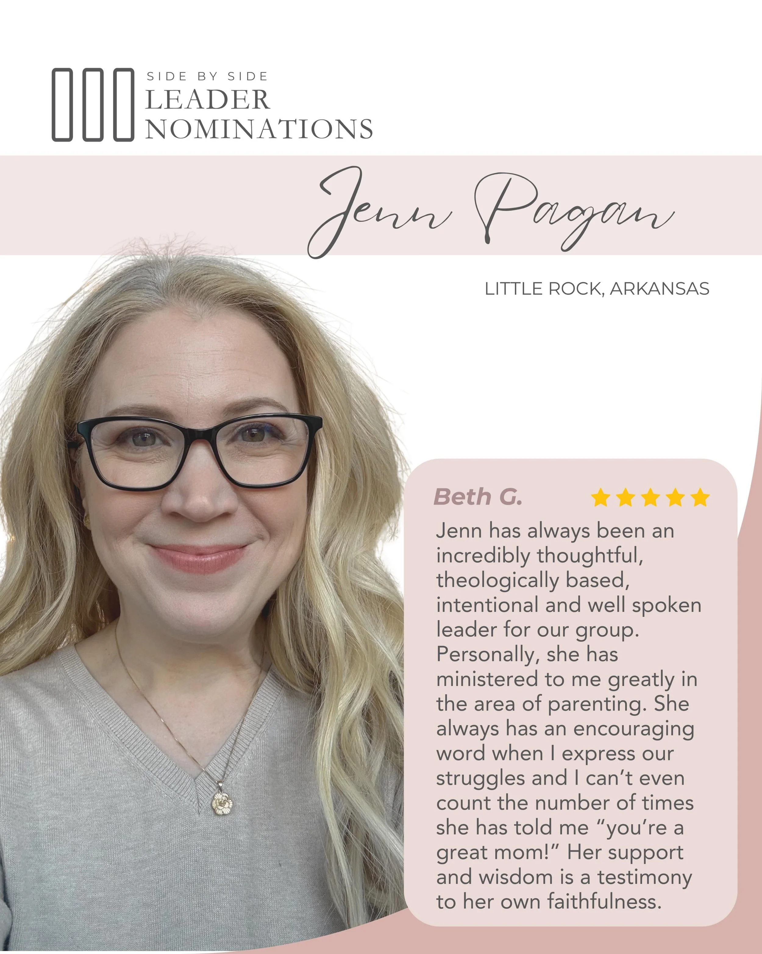 We are so thankful to celebrate Jenn Pagan for being nominated for the Side By Side Leader Awards! ❤️

Jenn, thank you for your faithful service to Side By Side and for saying &ldquo;yes&rdquo; to the vision and mission God has placed before you. Y