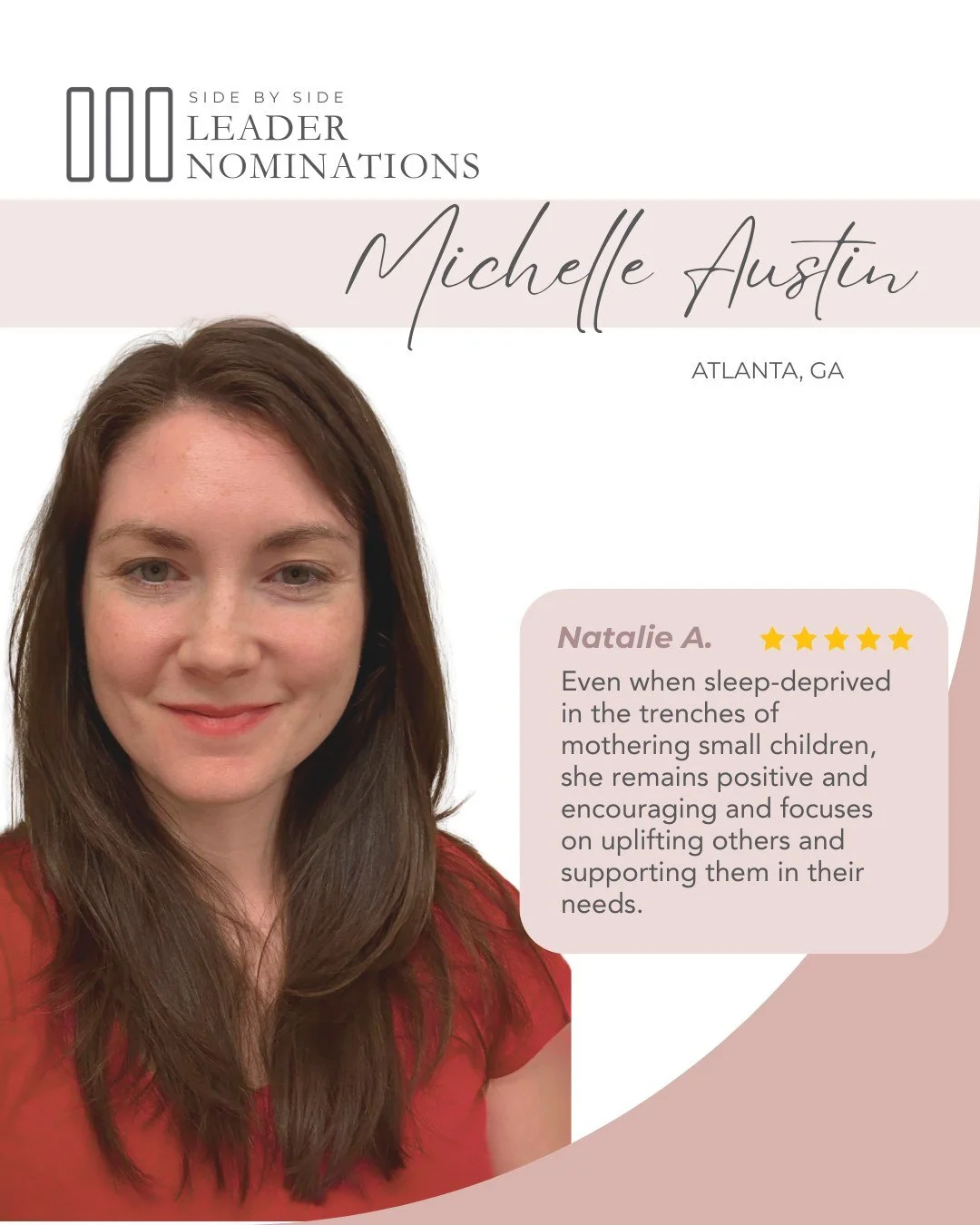 We are so grateful for Michelle Austin and the leadership she brings to Side By Side. Her talents are a true gift to our ministry, and we see them faithfully at work in the way she serves, leads, and encourages those around her.

Even in the demandin