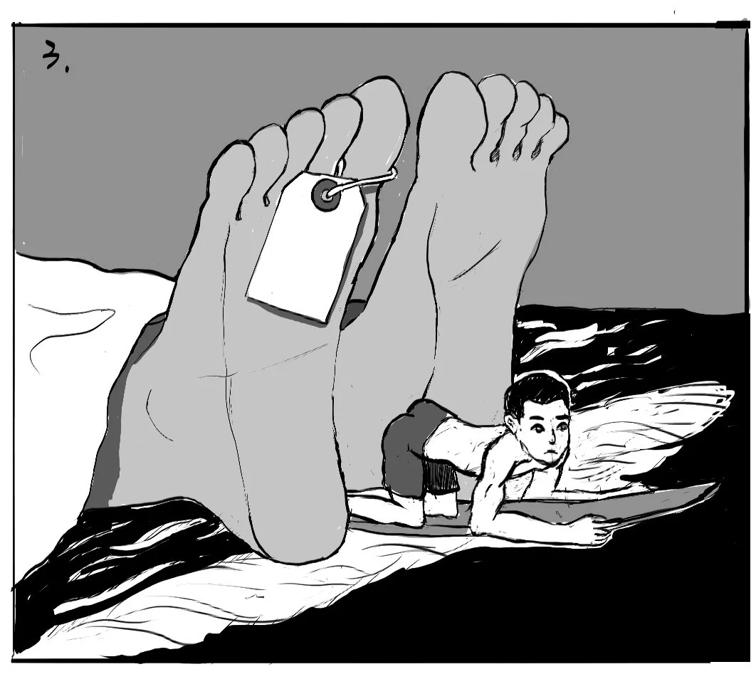 A black and white drawing of a large pair of feet with a price tag attached to one toe, and a young boy crawling on the ground below the feet.