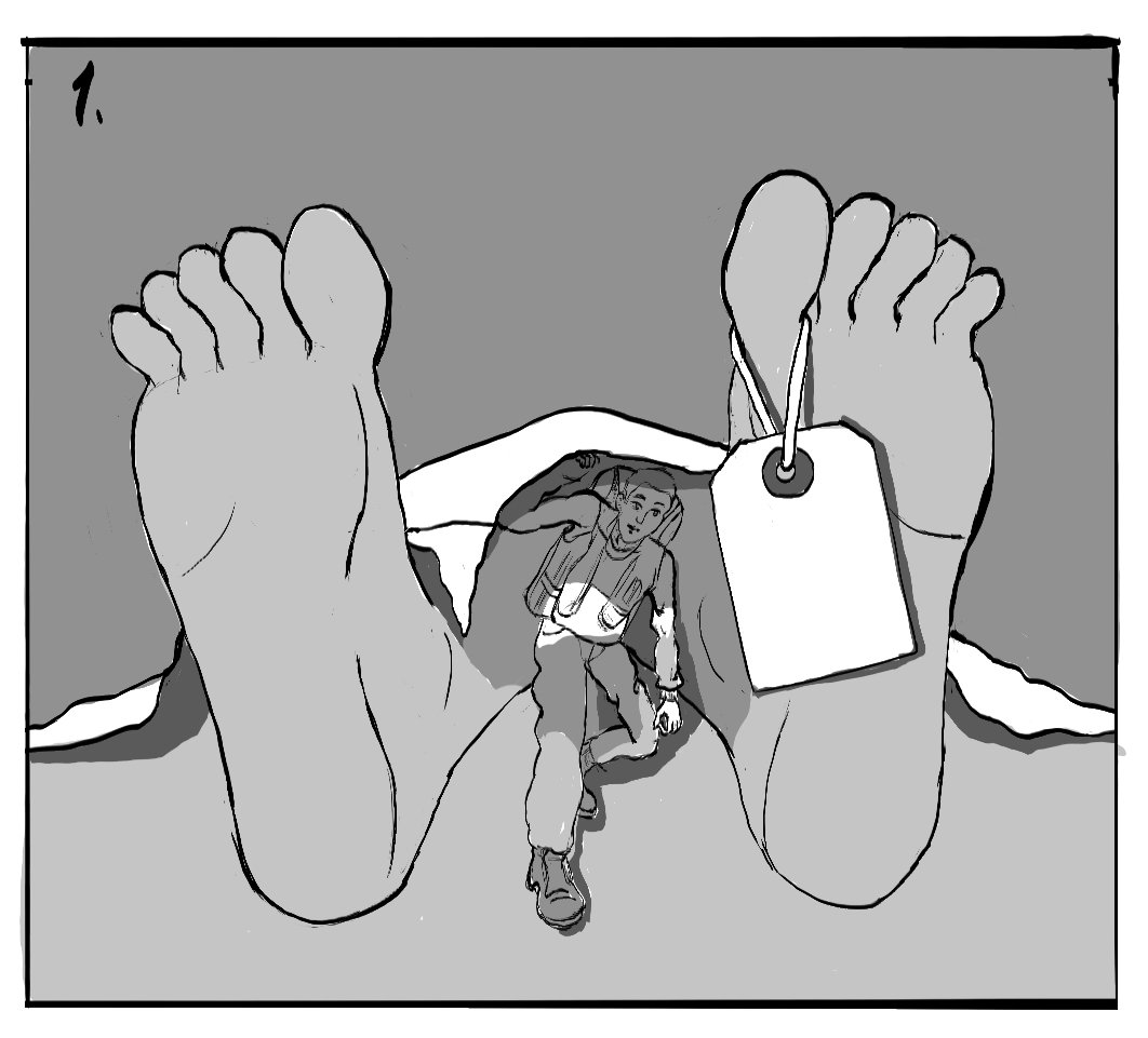 A pair of large feet on a bed with a person small enough to fit under the feet and between the toes, in a surreal or humorous scene.