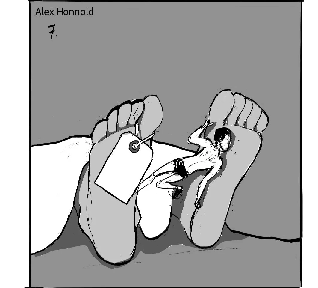 A drawing of a person lying on a bed with a small figure of a woman on their foot, holding a pin and a tag.