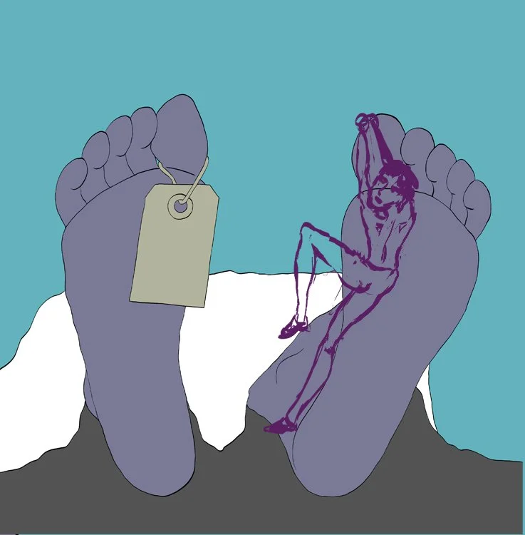 Illustration of large feet with a small woman sitting between them. The woman appears to be tied with a tag attached to her, and she is depicted in purple outline.