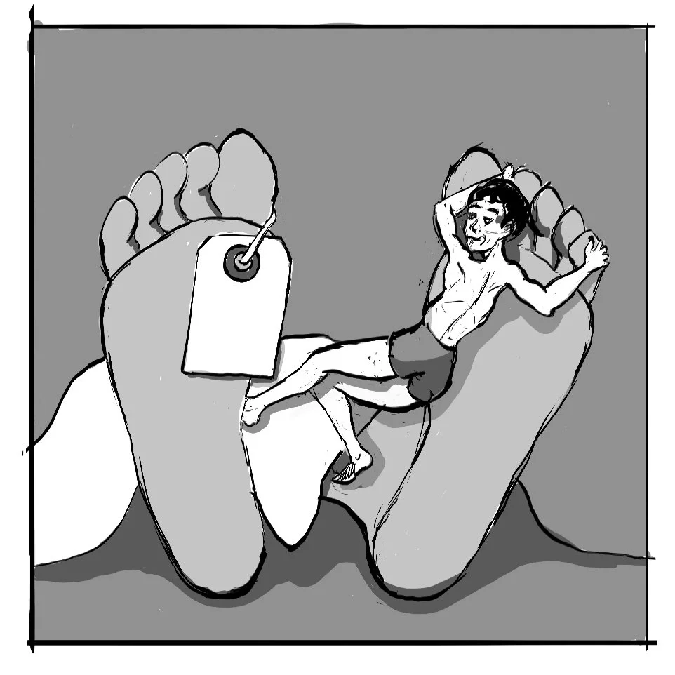 A cartoon drawing of a giant foot with a toenail polish tag and a young man lying on top of the foot, smiling and relaxed. The scene is black and white with a plain background.