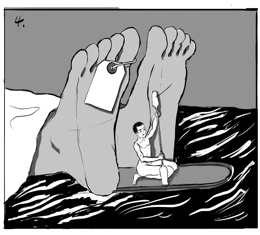 Drawing of a large foot with a shoe tag, a woman sitting on a boat holding an oar, and ocean waves in the background.
