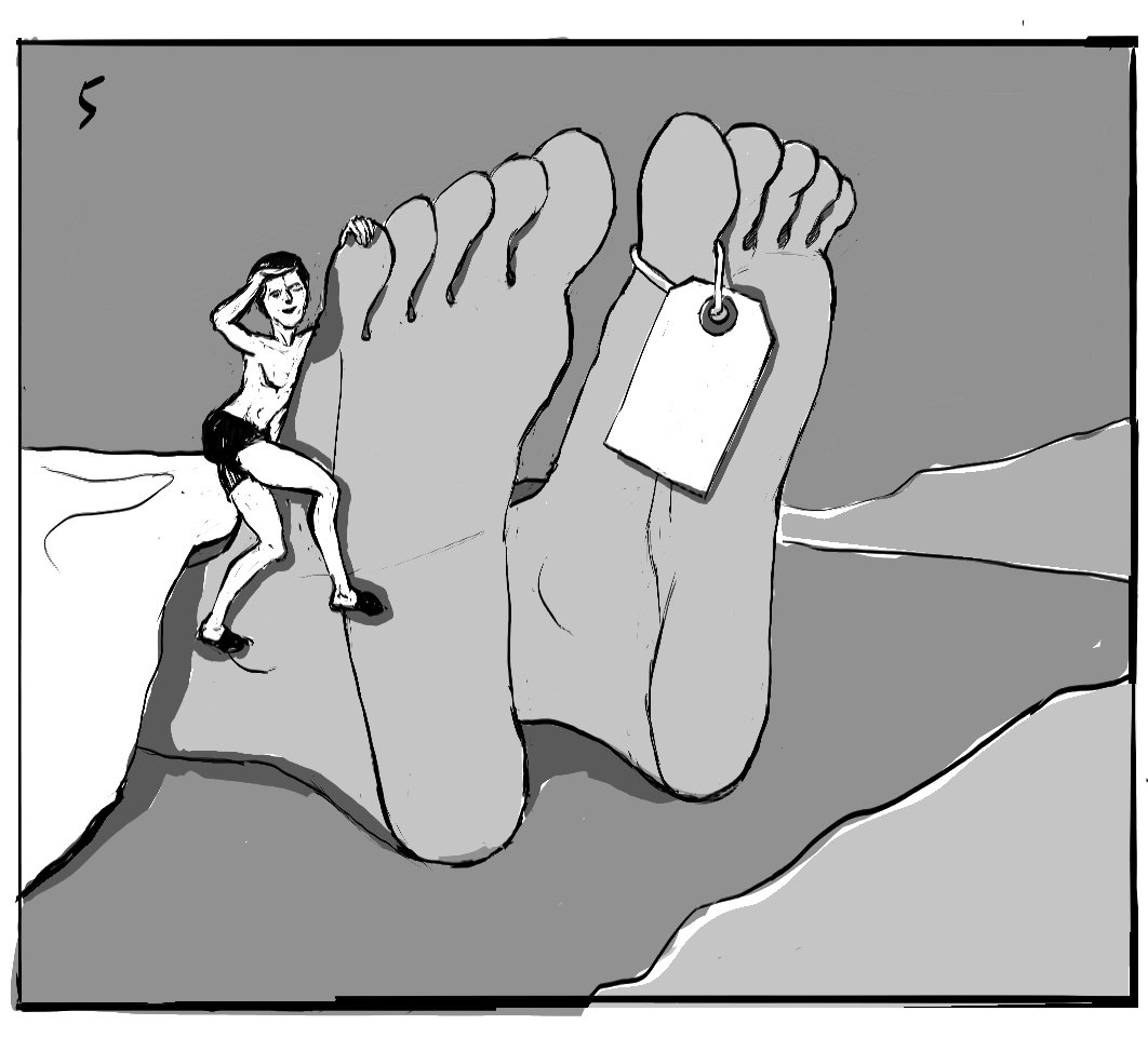 A woman climbing a large foot with a clothing tag hanging from a toe, set against a mountainous landscape.