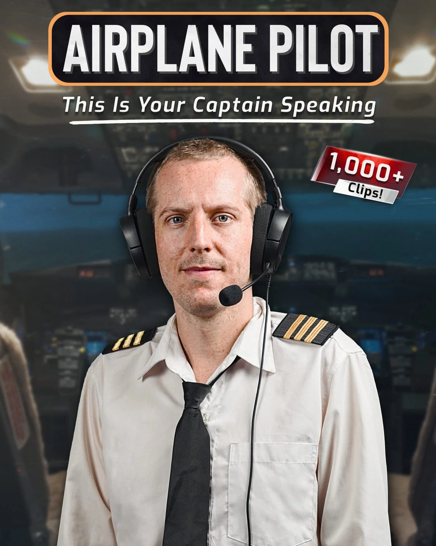 A man dressed as an airplane pilot wearing a uniform with shoulder stripes, a white shirt, and a black tie, speaking into a headset with a microphone, inside an airplane cockpit with controls and overhead panels.