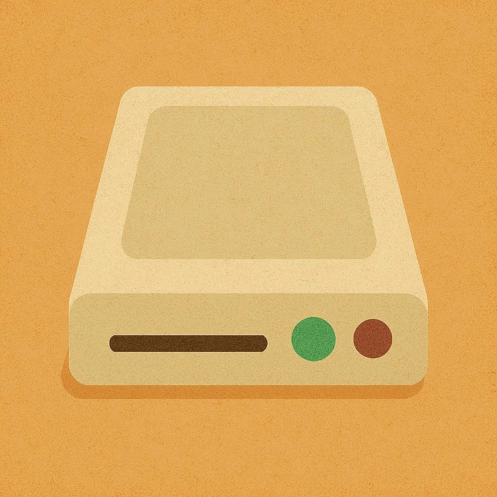 An illustration of a vintage printer with a beige body, a black paper slot, a green button, and a red button, set against an orange background.