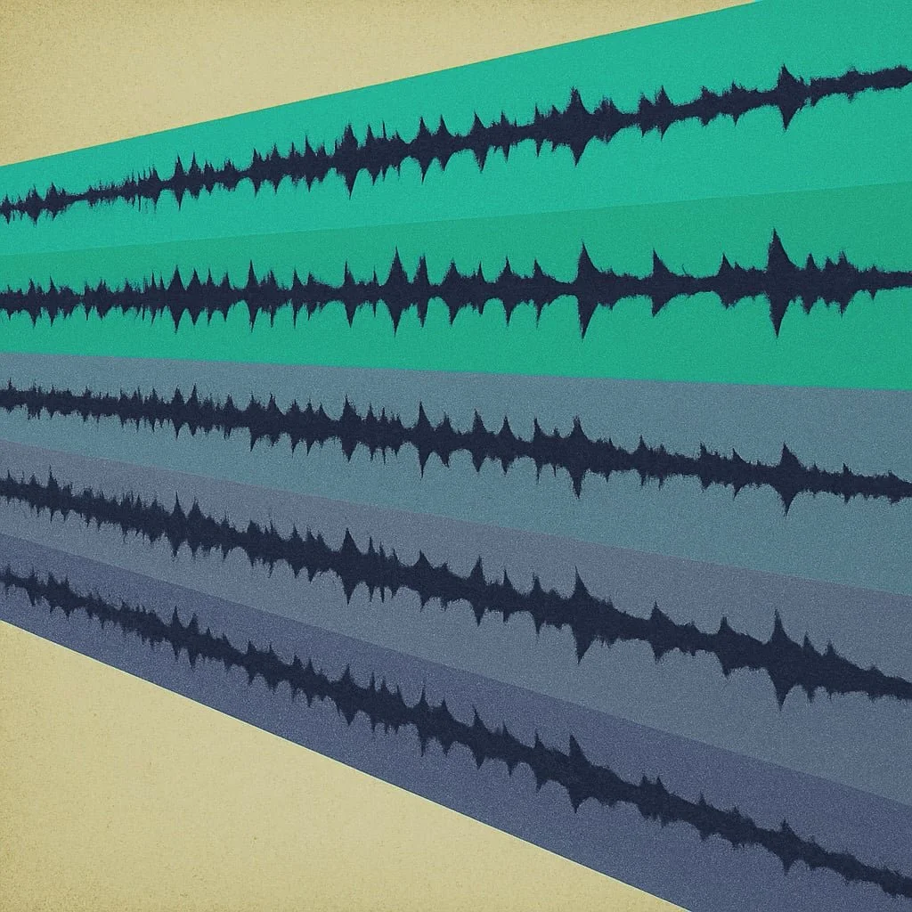 Multiple audio waveforms displayed on a computer screen with different colors background, indicating audio editing or sound analysis.