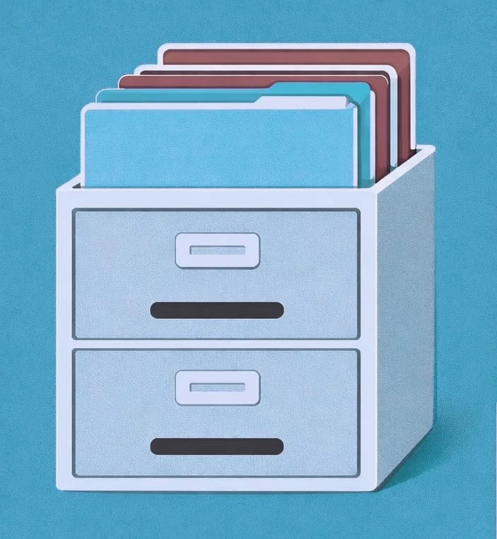 Illustration of a white two-drawer filing cabinet with blue and red folders inside against a blue background.