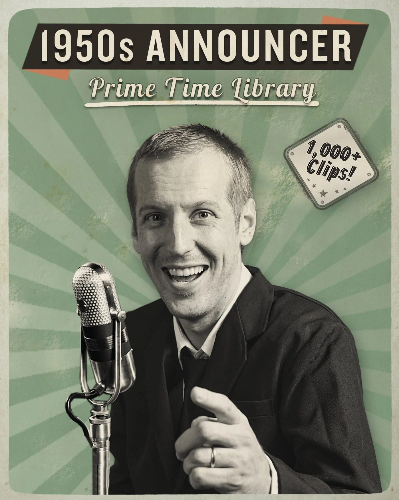 A vintage black and white photo of a man smiling and pointing, with a mid-century style microphone in front of him. The background features retro design elements and text indicates it is about 1950s announcers, prime time library, and over 1,000 clips.