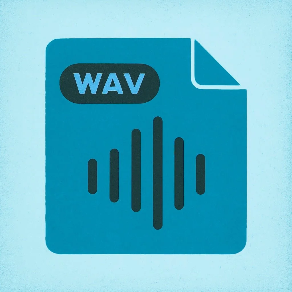 Icon of a WAV audio file with a waveform graphic on a light blue background.