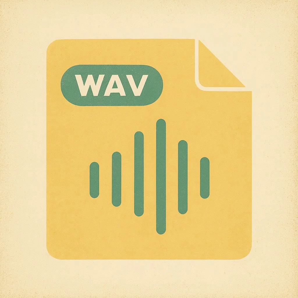 Icon of a WAV audio file, yellow background with green sound wave graphic and WAV label on a corner.