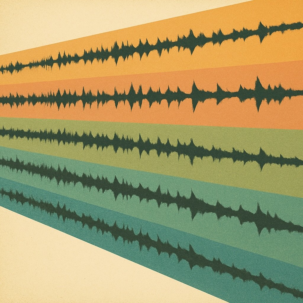 Colorful sound wave audio waveform illustration on a gradient background transitioning from yellow to green to blue.