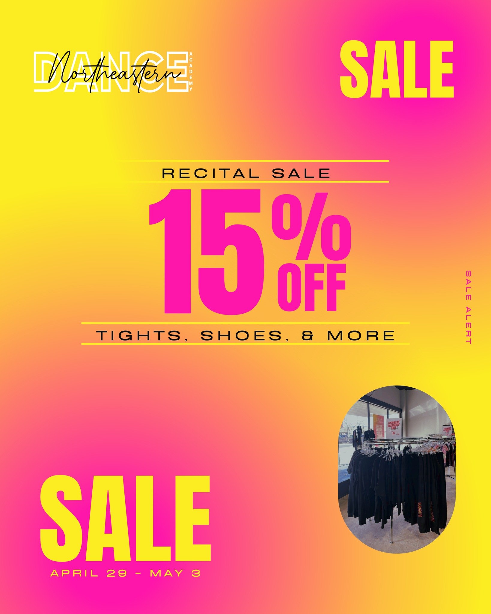 Stop by the studio this week for our 15% off recital sale!💖 The perfect time to get your tights, shoes, and logo wear in time for recital!🛍