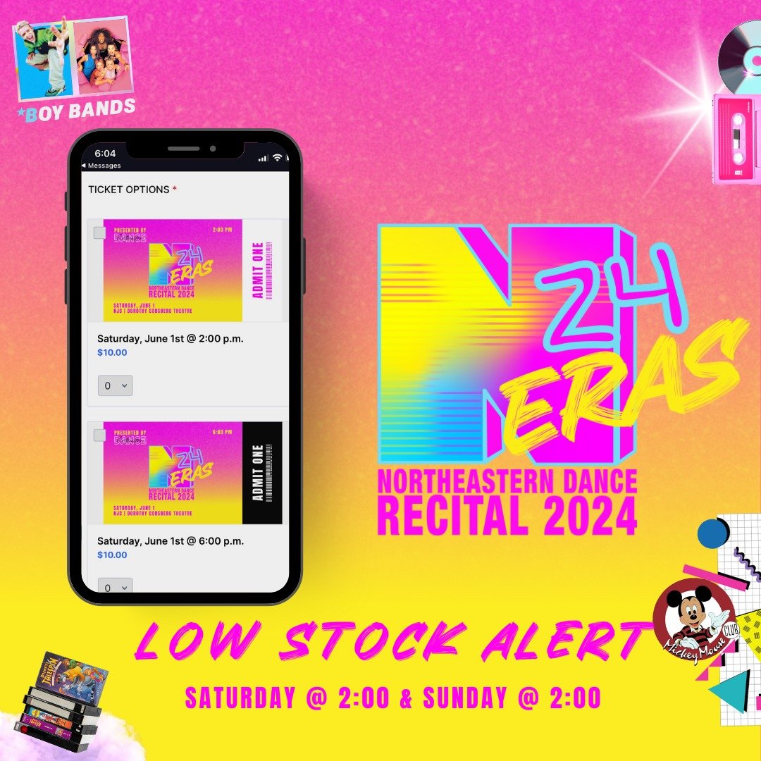 Recital 2024: Low stock alert!💖

Tickets are selling quickly to our Saturday @ 2:00 p.m. and Sunday @ 6:00 p.m. shows.⭐

Purchase your tickets today at the link below:
💖 https://form.jotform.com/Northeastern_Dance/2024recital