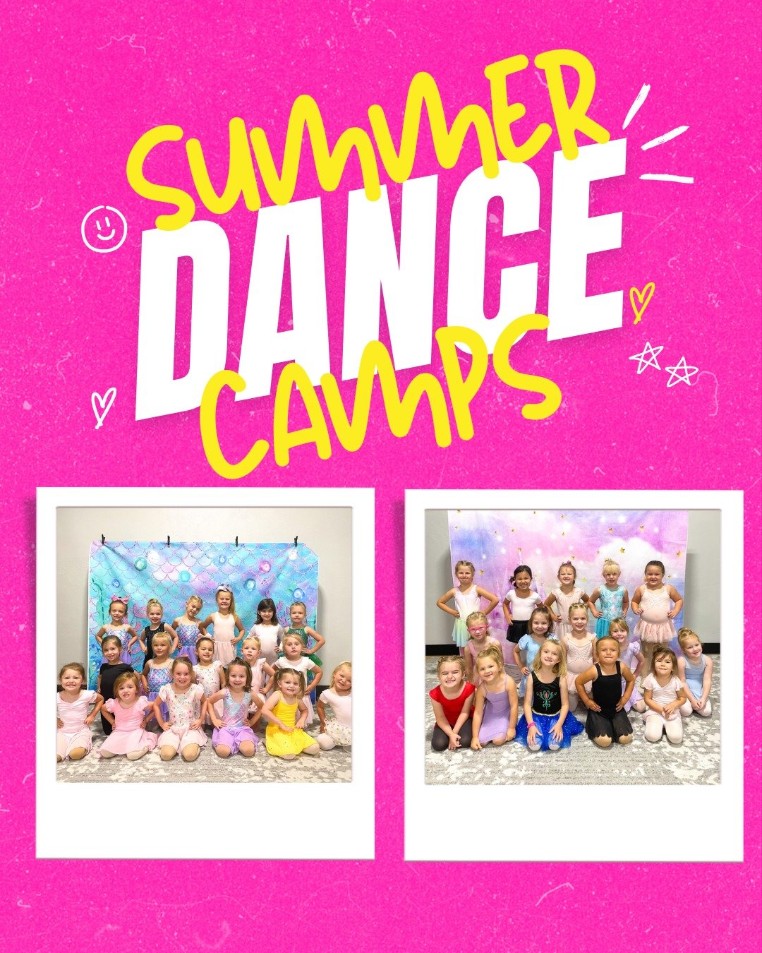 Add fun 3 days of fun to your summer!😎 Whether your child wants to see what dance is all about for the first time or they've danced with us all year - these camps are for them!💖 

💖 Ages 3-6
💖 9:00 - 11:00 AM
💖 Dance, snacks, and crafts!

Regist