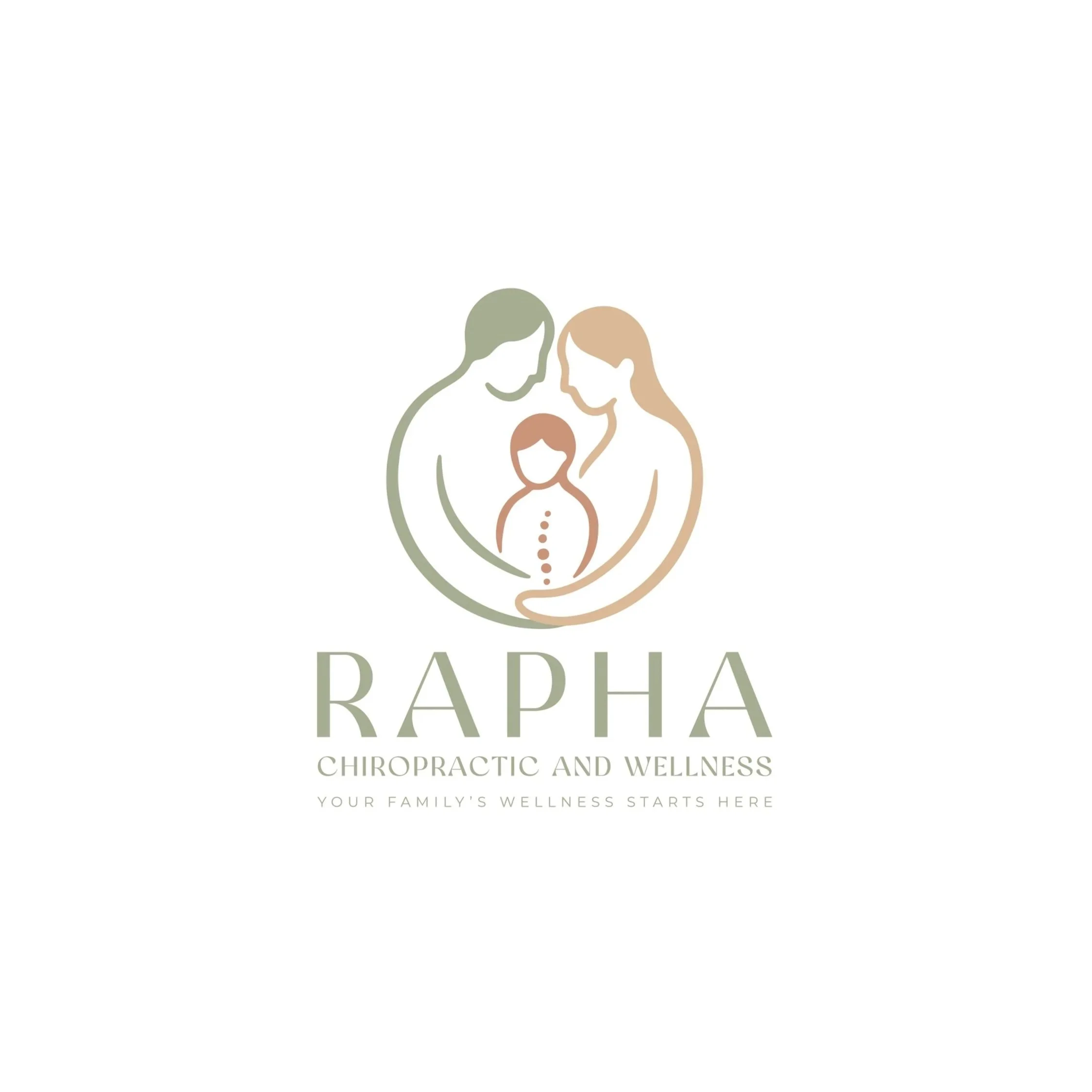 Logo for Rapha Chiropractic and Wellness featuring a minimalist line drawing of a family with a child, with the text 'Rapha Chiropractic and Wellness' and the tagline 'Your family's wellness starts here'.
