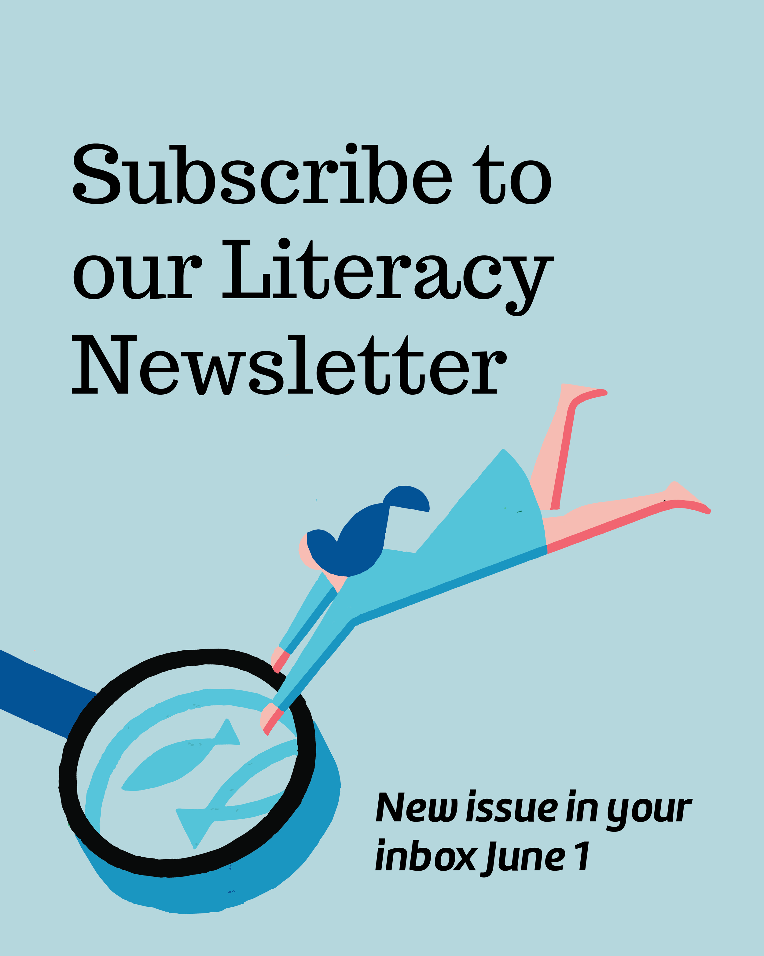 STORYVOR literacy newsletter subscription graphic assembled by Veena Johnson using illustrations by Carlos Arroyo