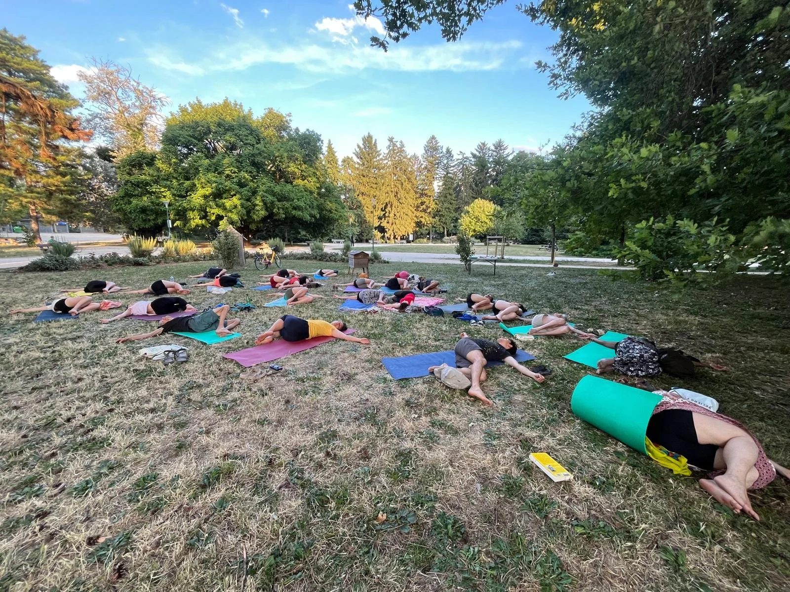 Groupe de personnes pratiquant le yoga ou la méditation en extérieur, allongées sur des tapis de yoga dans un parc ombragé.