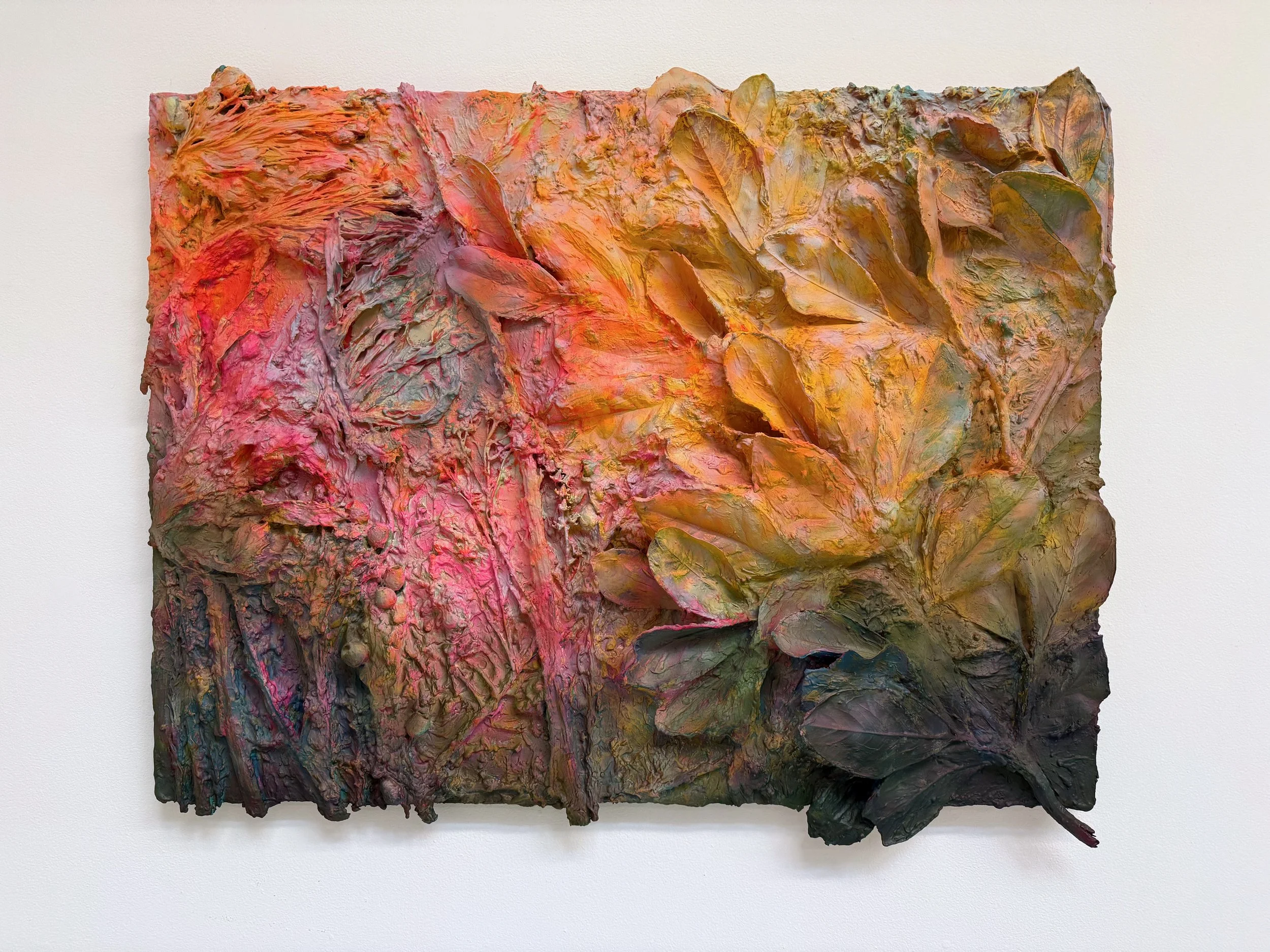 Original painting. Close-up of a textured, colorful organic-looking surface with shades of yellow, pink, blue, and green.