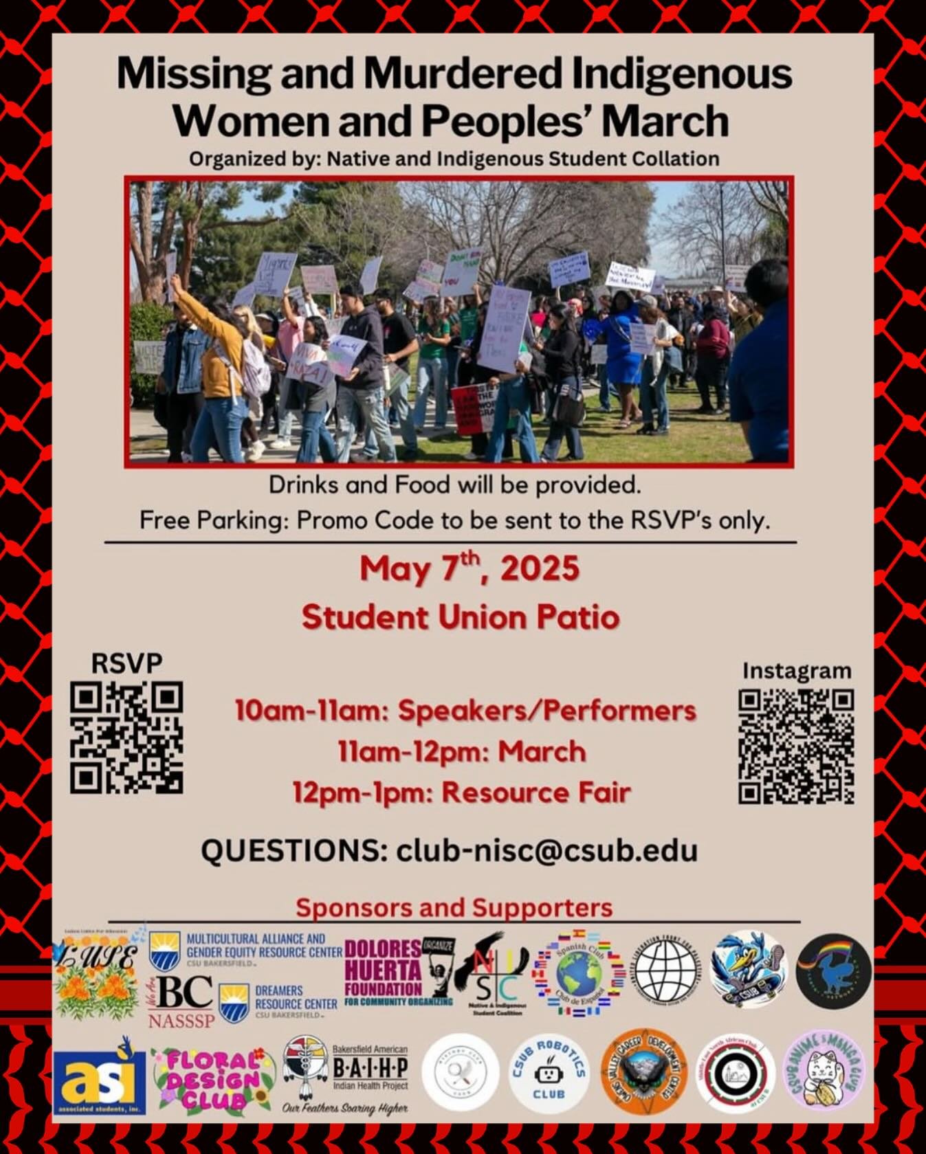 STUDENT PROTEST: ULFP is honored to be endorsing and participating in this year’s CSUB-NISC’s annual Missing and Murdered Indigenous Women and People March:
🗓️ Wednesday, May 7th at 10:00AM
📍 CSUB — Student Union Patio
8901 Stoc