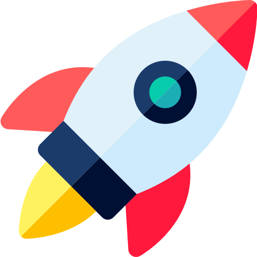 Illustration of a colorful cartoon rocket ship with red, yellow, and blue fins and a large central window.