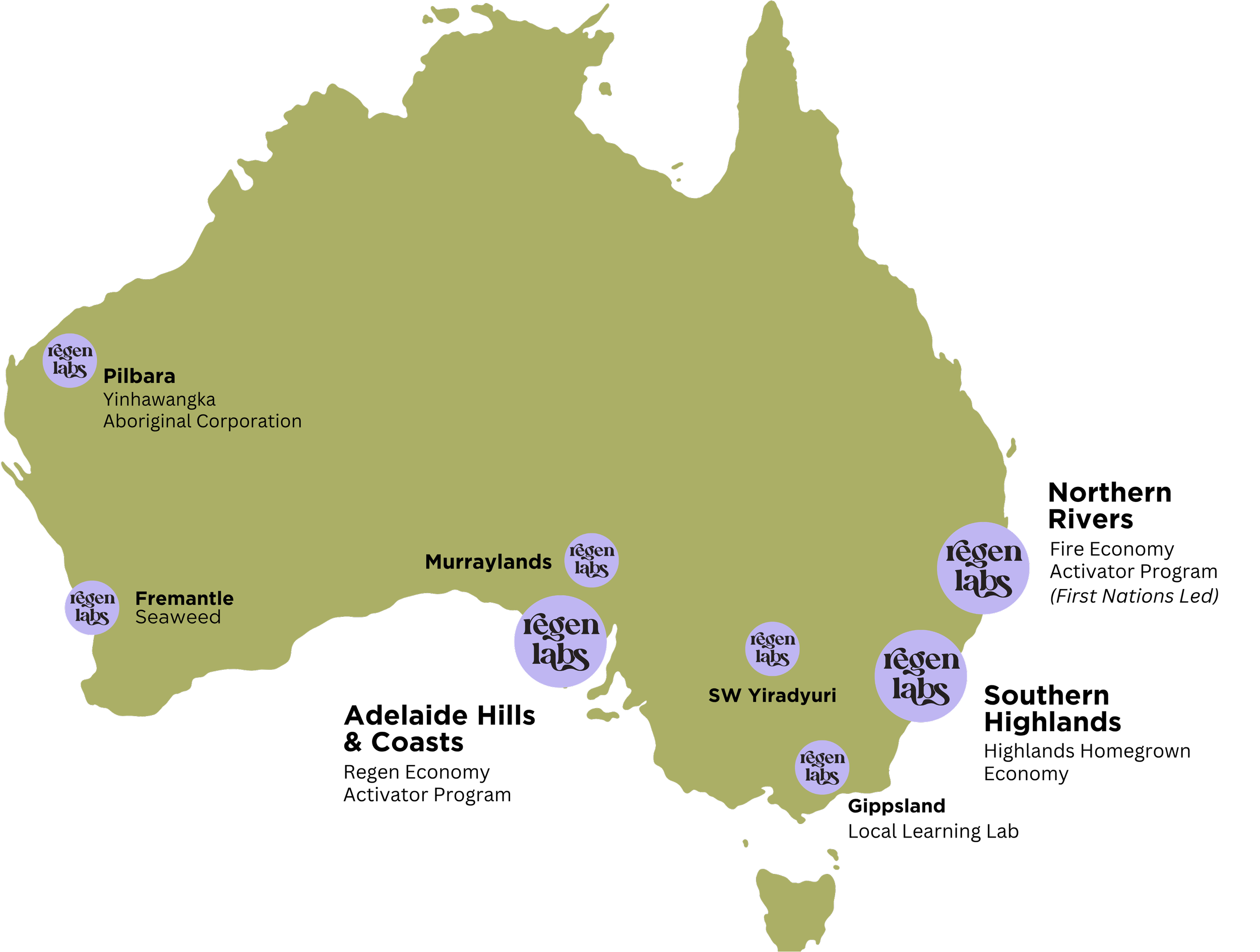 Regen Labs map of places we work across Australia