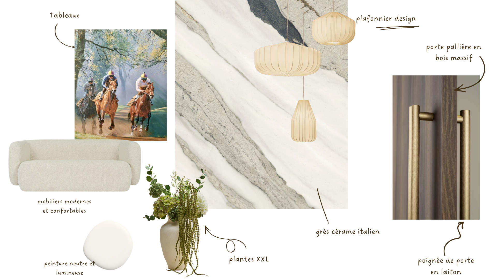 Décoration intérieure avec un tableau représentant une course de chevaux, trois lampes suspendues en beige, un canapé blanc, des plantes en pot, et un armoire en bois. Fond en marbre blanc et noir.