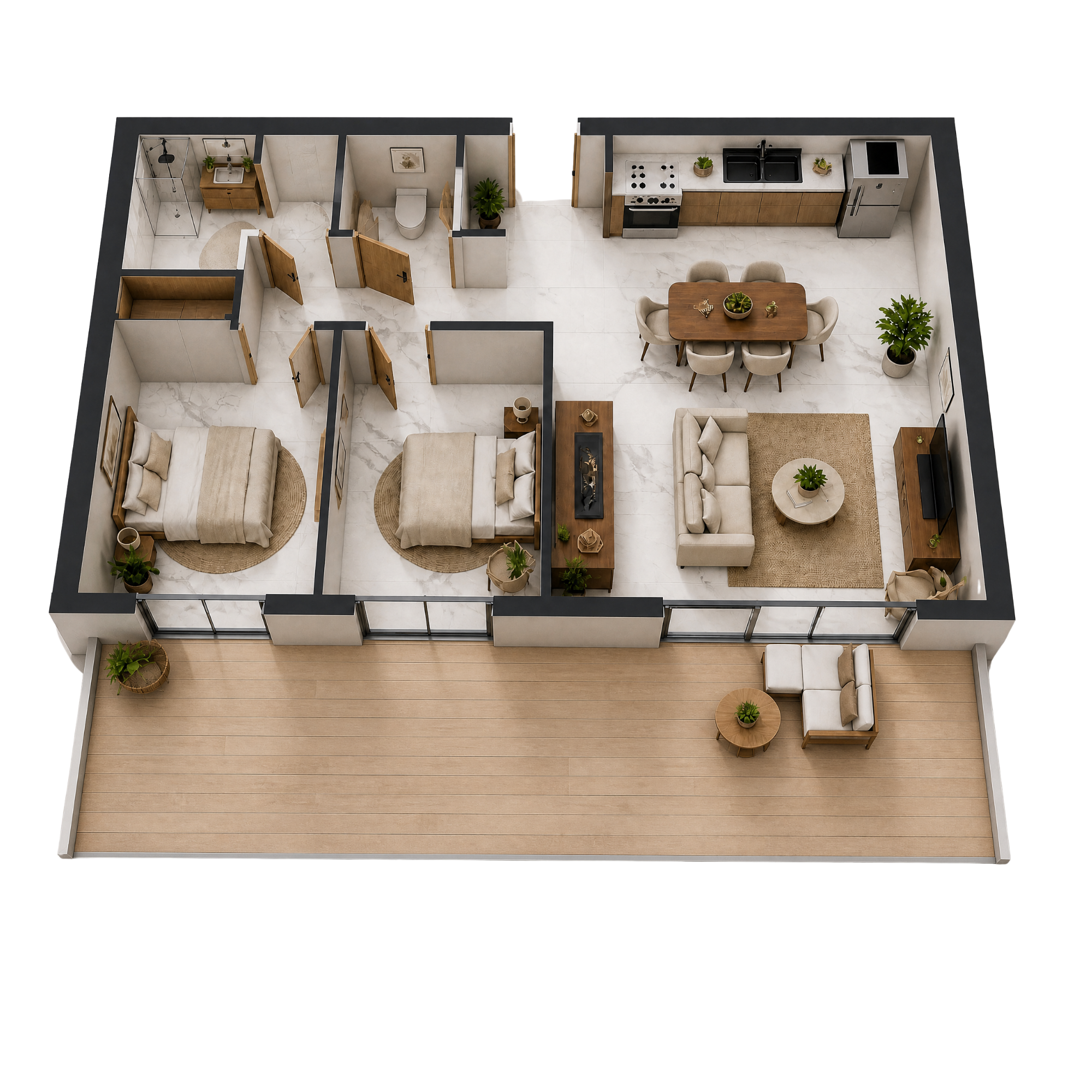 Plan d'un appartement avec vue en plongée, montrant une chambre, une salle de bain, une cuisine et une salle à manger.