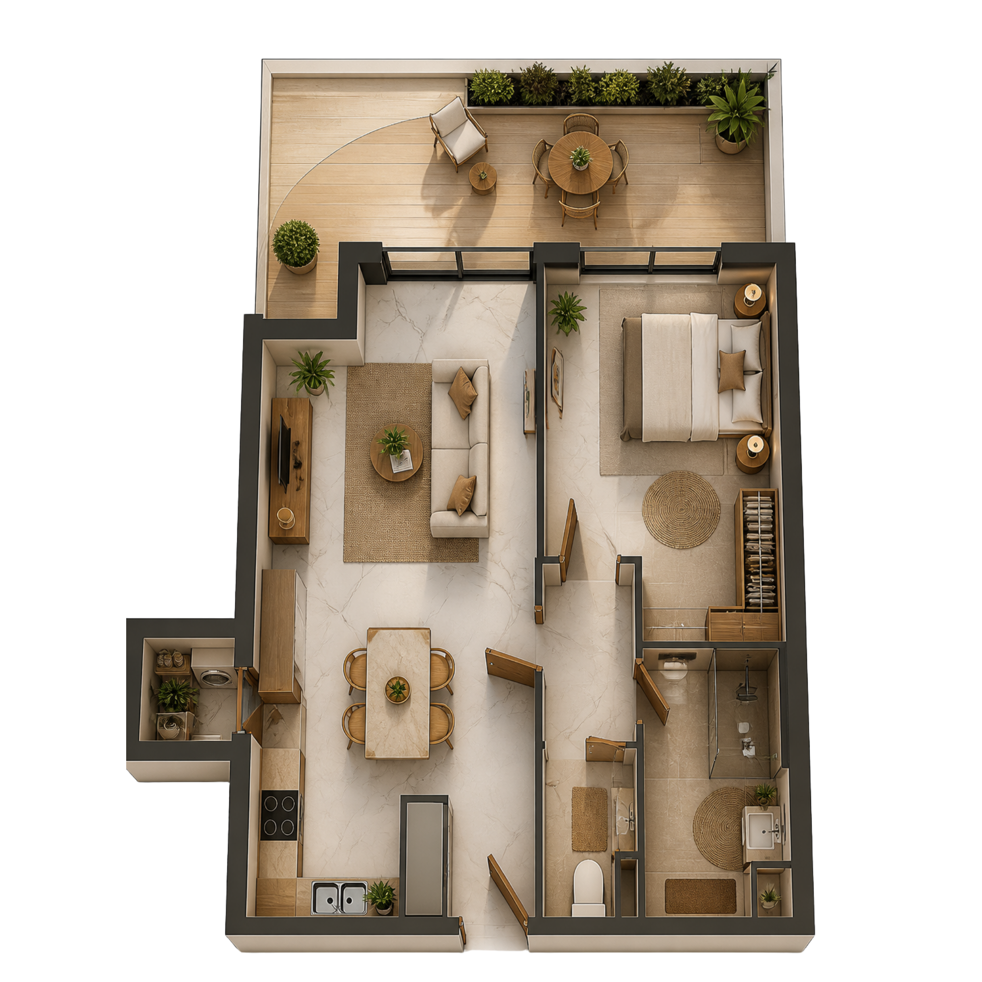 Plan d'un appartement avec une terrasse, un salon, une chambre, une cuisine, une salle de bain, et des plantes décoratives.