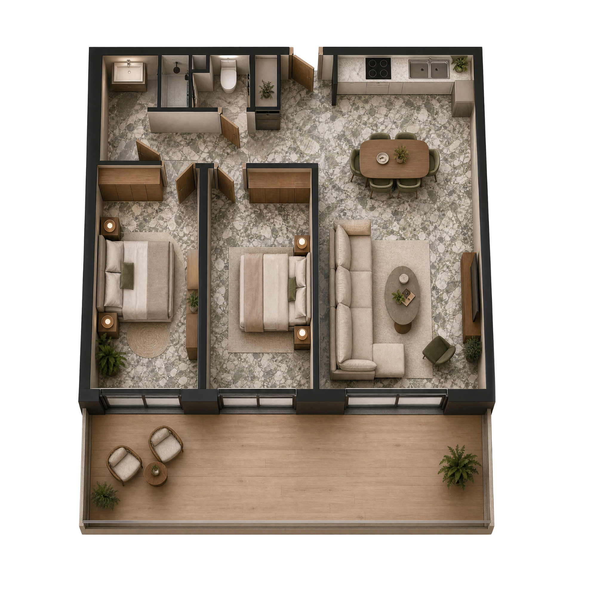 Plan d'un appartement moderne avec salon, salle à manger, cuisine, et balcon