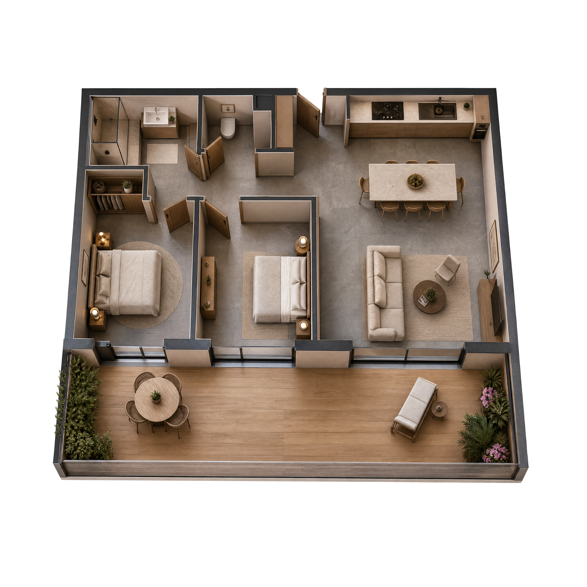 Plan d'un appartement moderne avec salon, cuisine, chambres, salle de bain et terrasse extérieure avec mobilier.