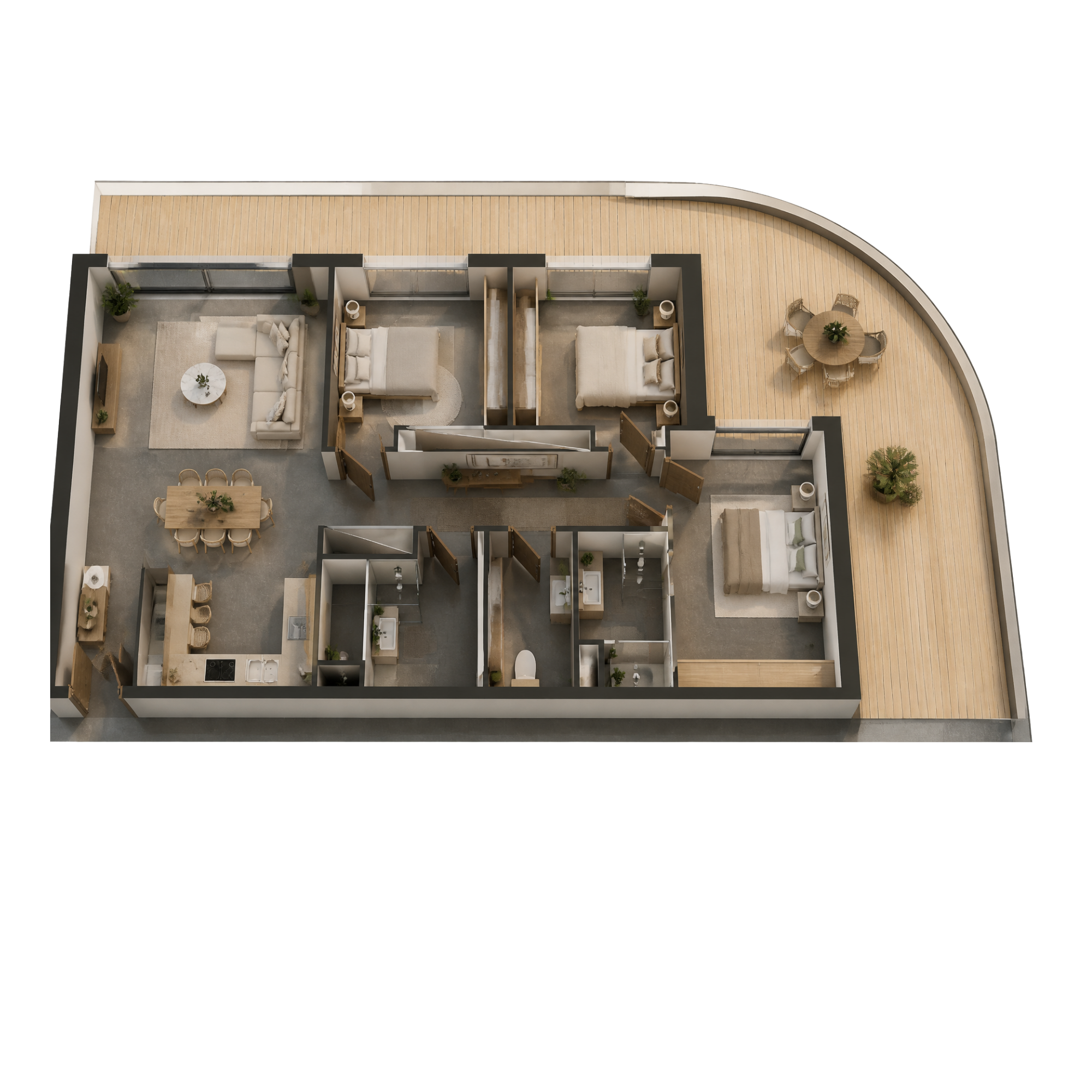 Plan d'un appartement avec plusieurs pièces, un salon, une chambre, une salle de bain et une terrasse en bois ornée de meubles d'extérieur