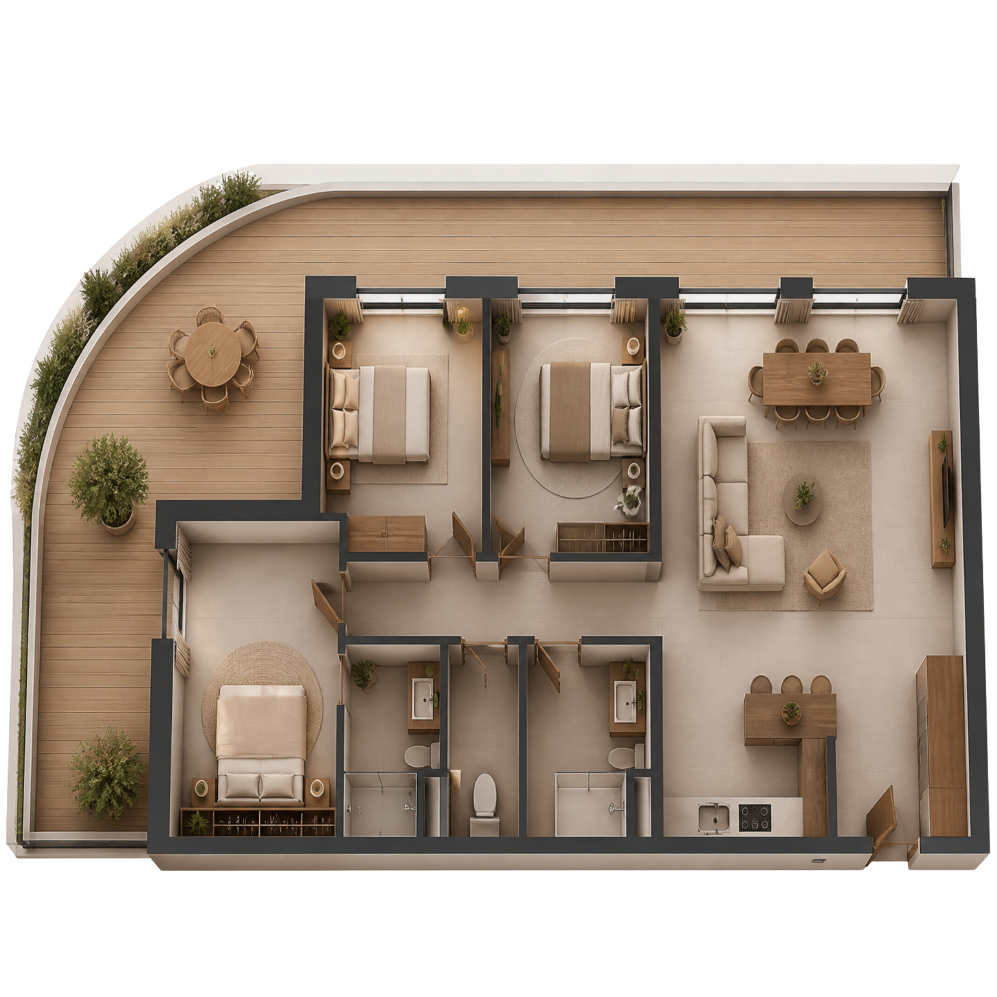 Plan d'étage d'un appartement moderne montrant plusieurs pièces, un salon, une chambre, une salle de bain, une cuisine, et un grand balcon avec mobilier extérieur et plantes.