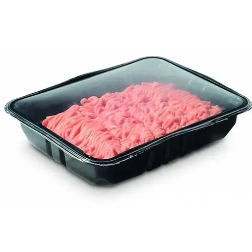 A black plastic tray of raw ground beef with a clear plastic lid, placed on a white background.