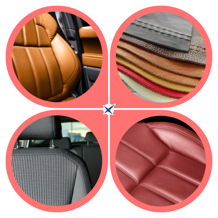 Collage con cuatro ejemplos de tapicería para asientos de coche: cuero color tostado, muestras de tela superpuestas, tela negra con textura y cuero burdeos.