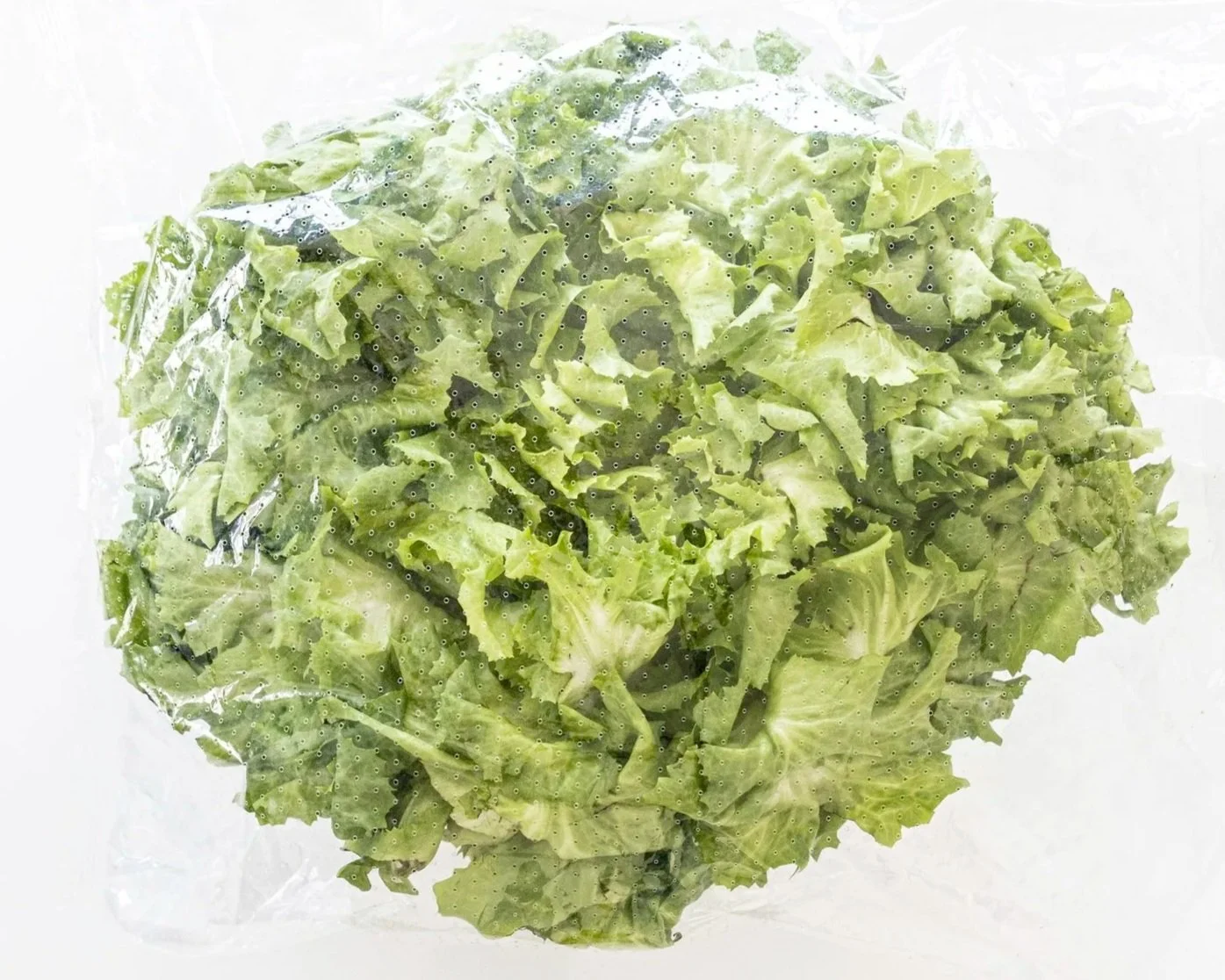 Head of fresh green lettuce wrapped in clear plastic