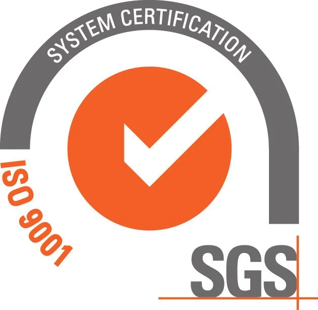 An SGS 10006 ISO 9006 system certification badge with a gray arch at the top, an orange checkmark inside an orange circle, and orange and gray text.