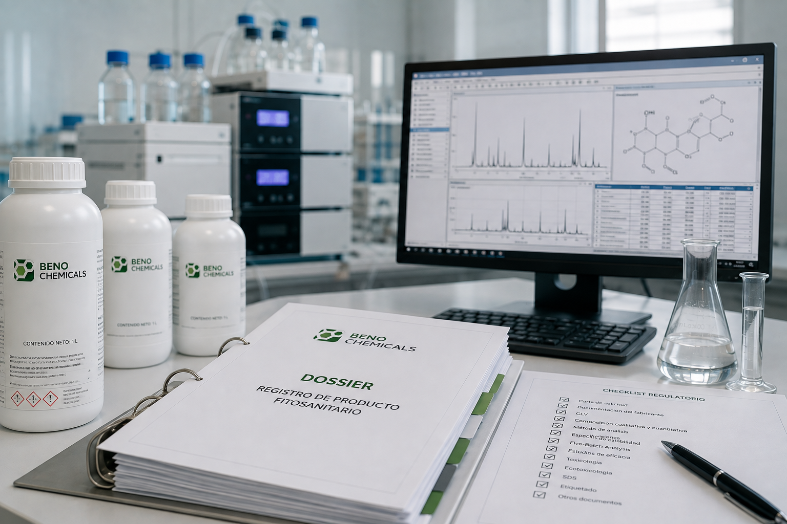 Laboratorio químico con frascos etiquetados como Beno Chemicals, documentos, una pantalla de computadora mostrando análisis de datos y estructuras químicas, y equipo de laboratorio como vasos medidores y una centrífuga.